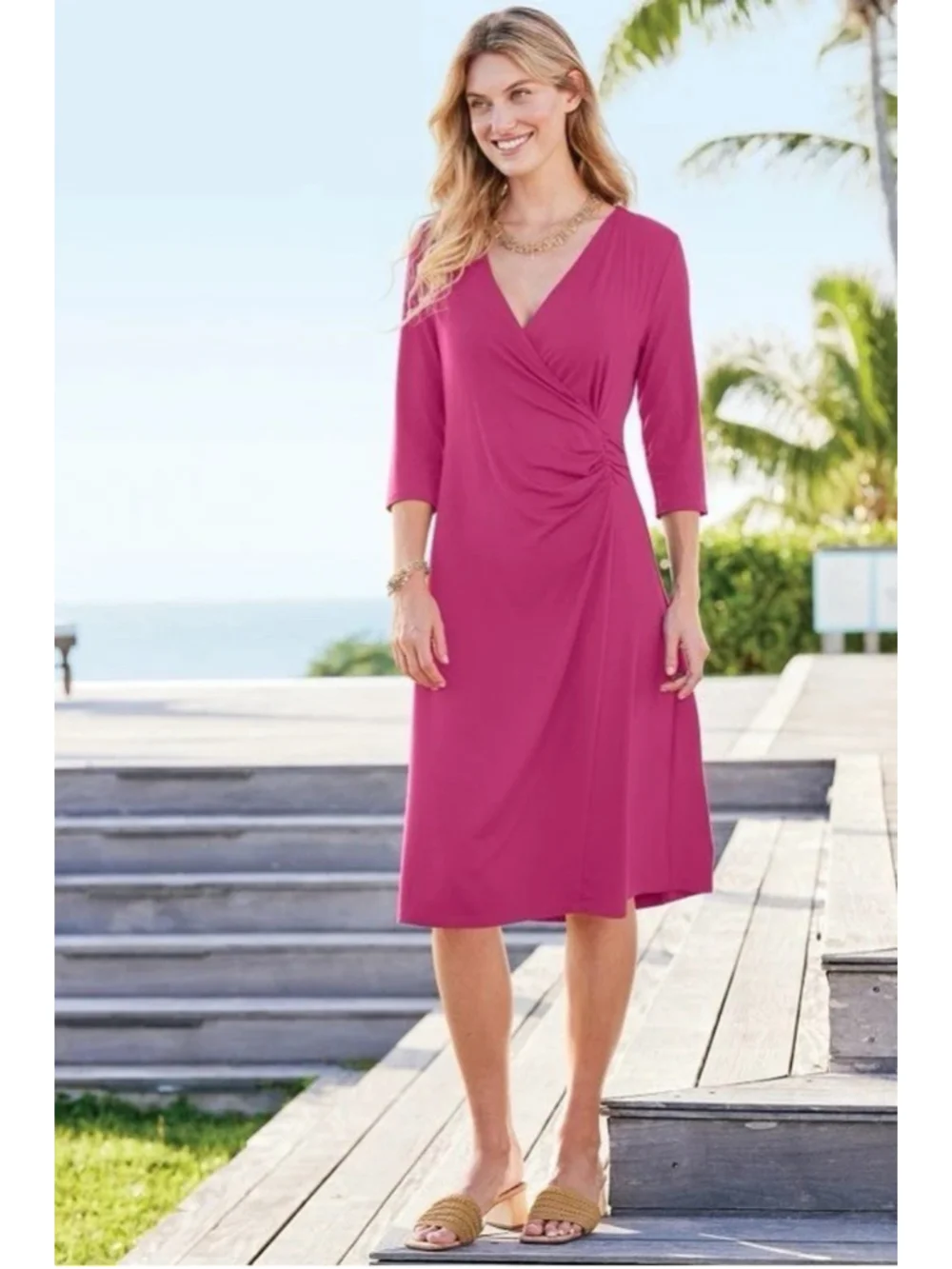 Soft Surroundings Hyannis Faux Wrap Midi Dress Blue Large Tall Casual Career